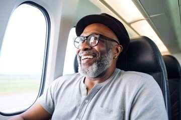 Happy old man goes on summer vacation by plane sitting next to window looking out down on landscape. Old man sits smiling in airplane on way to long awaited summer vacation. Old man travelling