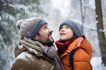 Caucasian father and daughter warmly dressed in winter during snowfall embrace with smiles. Asian dad warmly hugs little daughter in nature during snow. Asian family warm in cold with loving hugs - obrazy, fototapety, plakaty
