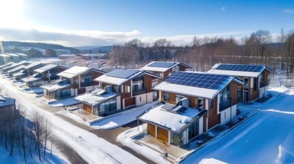 Fototapeta premium Aerial View of eco-friendly apartment buildings with solar panels on their roofs. Winter photo of an apartment buildings with environmentally friendly large batteries on the roofs.
