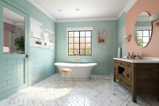 Modern and simple bathroom interior, suitable for catalog cover photos in magazines or advertisements. Generative AI