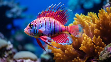 Naklejka na ściany i meble The tropical fish in the coral reef danced gracefully through the water, showcasing a stunning array of colors that rivalled even the most vibrant tropical flowers.