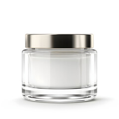 Luxury clear glass jar with a white lid.