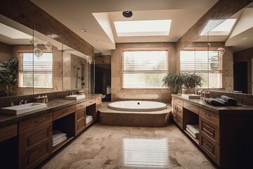 Modern and simple bathroom interior, suitable for catalog cover photos in magazines or advertisements. Generative AI