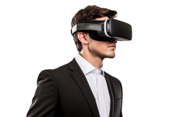 Businessman with a virtual reality headset ,full body , isolated on transparent background