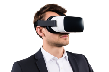 Businessman with a virtual reality headset ,full body , isolated on transparent background