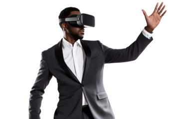 Businessman with a virtual reality headset ,full body , isolated on transparent background