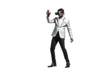 Businessman with a virtual reality headset ,full body , isolated on transparent background