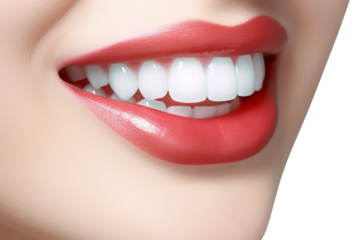 Close-up of woman perfect white teeth with a shade guide the bleach color isolated on transparent background.