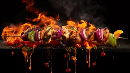 Keuken spatwand met foto Spice up your senses with this fiery scene as hot chili marinade cascades over skewered kebabs, promising an explosion of flavor and heat. Generative AI. © Surachetsh
