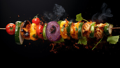 Spice up your senses with this fiery scene as hot chili marinade cascades over skewered kebabs, promising an explosion of flavor and heat. Generative AI. - obrazy, fototapety, plakaty