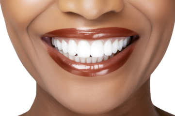 Close-up of Senior black female's perfect white teeth with a shade guide the bleach color.isolated on transparent background.