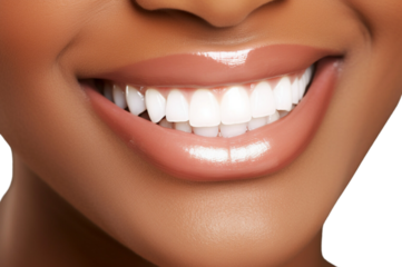 Close-up of black female perfect white teeth with a shade guide the bleach color isolated on transparent background.