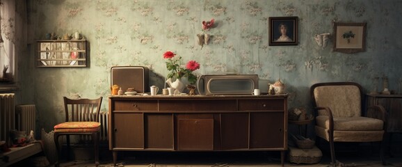 Example of Old Soviet Russian poor interior in Khruschev House. Aged sideboard, table, chairs, sofa. Shabby floor. Tattered wallpaper on the wall. Paper butterflies as decor. Apartment of pensioners.