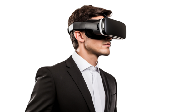 Businessman with a virtual reality headset ,full body , isolated on transparent background - Powered by Adobe
