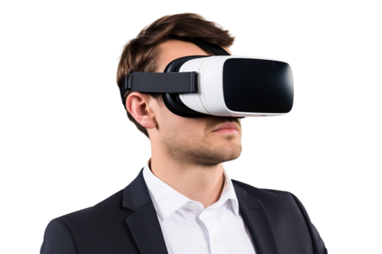 Businessman with a virtual reality headset ,full body , isolated on transparent background
