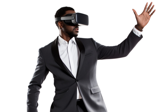 Businessman with a virtual reality headset ,full body , isolated on transparent background