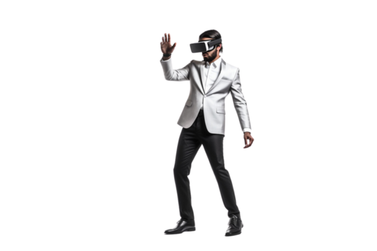 Businessman with a virtual reality headset ,full body , isolated on transparent background