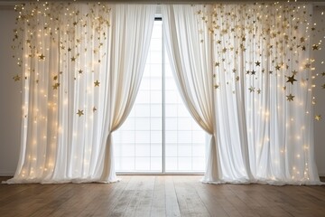 airy style curtains, shimmering light white gold, splendor, stars, confetti amazing background