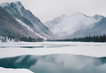 Landscape of snow mountain and lake in winter season.