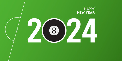 Creative 2024 happy new year celebration greeting card and social media post or banner design template in snooker, pool, or billiard concept. 