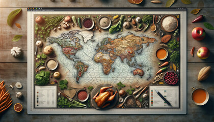 A table with a map showing where each ingredient of the Thanksgiving meal came from, crafted in a 16:9 image ratio, suitable for a desktop background.