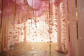 airy, delicate curtains suspended from the top in the Bollywood style, gold-white, white-pink, confetti, carnival 