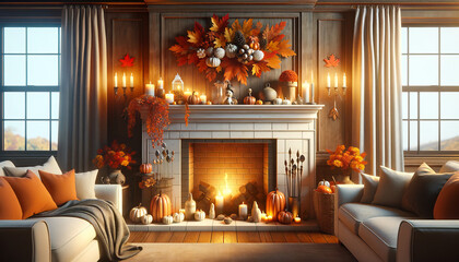 A cozy fireplace with Thanksgiving-themed mantel decor, created with a 16:9 image ratio, suitable for a desktop background. - obrazy, fototapety, plakaty