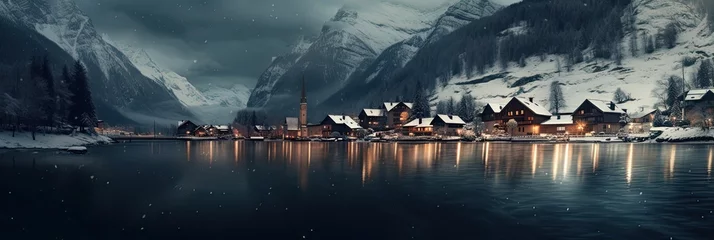 Foto op Canvas villages in alpine snow near a river and mountains, generative AI © VALUEINVESTOR