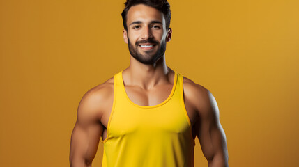 a confident man wearing a marathon tank top posing for a professional apparel shooting, hd portrait shot with leica camera, plain yellow background
