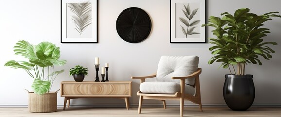 Interior design of living room interior with mock up poster frame, round black coffee table, wooden sideboard, stylish chair, plants, rack, lamp and personal accessories. Home decor. Template.