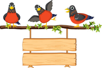 Birds Standing on Tree Branch with Wooden Sign Board Banner Hanging