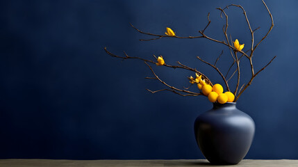 one yellow flower, curly willow branch, cobalt blue vase - obrazy, fototapety, plakaty