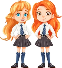 Deurstickers Two Cute Female Friends in School Uniform © GraphicsRF