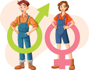 Teenagers in Farmer Clothes with Gender Symbol