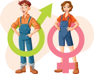 Fotobehang Teenagers in Farmer Clothes with Gender Symbol © GraphicsRF