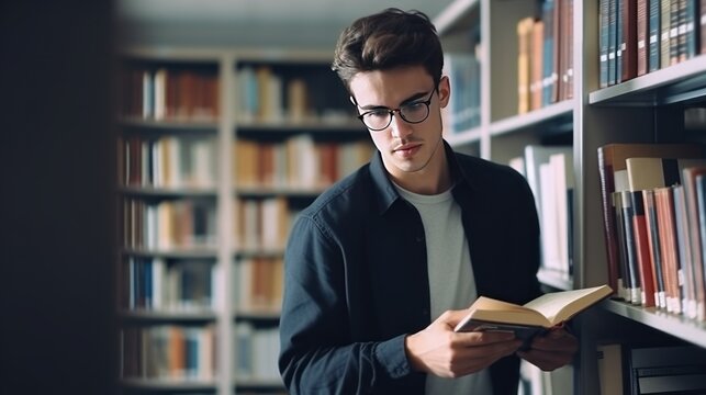 Male student in eyeglasses reads book standing near shelves in university library. Obtaining knowledge at educational institution. Lady enjoys experience of curiosity and perseverance.