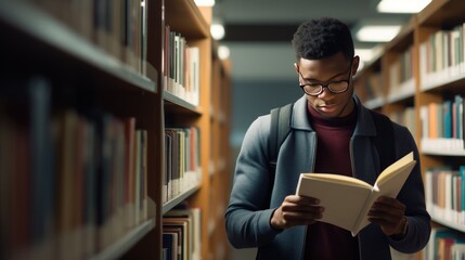 African American female student in glasses reading the book while standing near shelves in university library. Obtaining knowledge at educational institution.