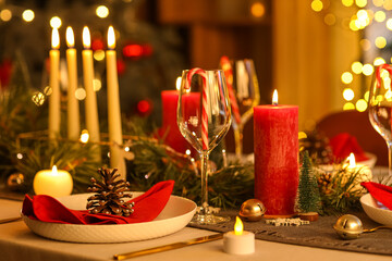 Christmas table setting with burning candles in room at night, closeup