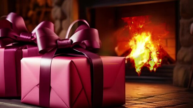 Warm christmas home fireplace video with christmas present wrapped in matte copper gift wrap with silver bow in foreground of fireplace with burning wood log (video contains AI generated images)