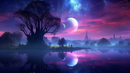 Fototapeta premium landscape with moon HD 8K wallpaper Stock Photographic Image 