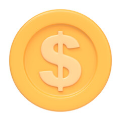 Golden coin with dollar sign isolated on white background. 3D icon, sign and symbol. Cartoon minimal style. Front view. 3D Render Illustration