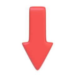 Red arrow downwards isolated on white background. 3D icon, sign and symbol. Cartoon minimal style. Front view. 3D Render Illustration