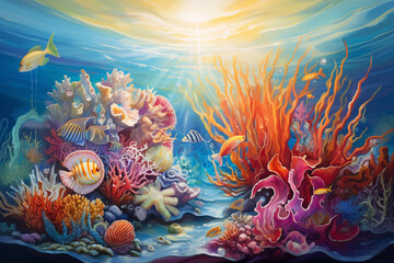 Fototapeta na wymiar Colorful Fishes, corals, and nature lifes under blue sea