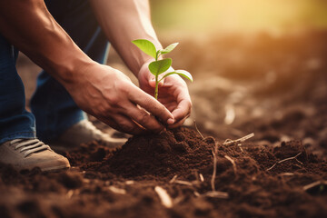 Human hand growing young plant on soil with sun light background. - obrazy, fototapety, plakaty