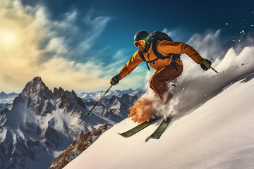 Sportman playing ski on mountain in the winter - obrazy, fototapety, plakaty