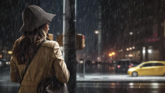 Seamless loop animation. People, Rainy Day Window Shopper, Standing Rainy Night City Holding Umbrella. Photorealistic silhouette. High tech city lights --c 50. Created using Generative AI Technology
