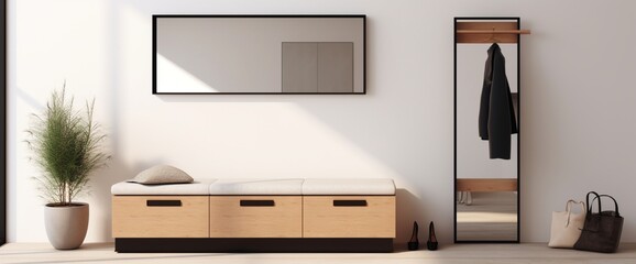 Fototapeta premium Minimalist hallway with modern interior design in contemporary apartment. Comfortable shoe storage bench near black frame mirror on white wall. Wooden coat hanger in hall with chest drawers
