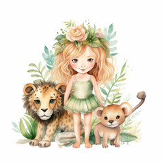 Naklejka premium Safari Animal set little fairie in colorful dresses Illustration, Generative Ai