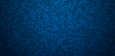 Vector illustration dark blue background with floral ornament Seamless damask wallpaper for Presentations marketing, decks, ads, books covers, Digital interfaces, print design templates materials - obrazy, fototapety, plakaty