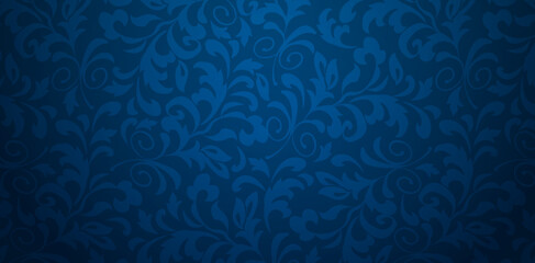 Fototapeta na wymiar Vector illustration dark blue background with floral ornament Seamless damask wallpaper for Presentations marketing, decks, ads, books covers, Digital interfaces, print design templates materials